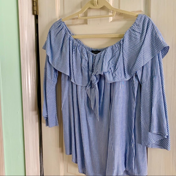 Shinestar Tops - Off-The-Shoulder Blue & White Blouse